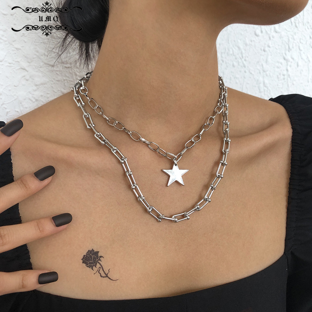 N9019 Punk Style Necklace Female Alloy Five Pointed Star Multi-layer Neck Chain Creative U-shaped Niche Chain Necklace